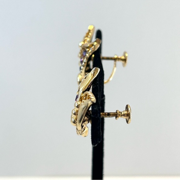 Coro Screw Back Earrings Gold Tone Faux Amethyst Stones Leaf Design - Picture 4 of 10